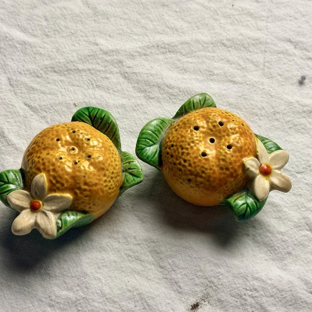 VTG MCM  Occupied Japan Orange Fruit Flower Salt & Pepper Shakers, Cork Stopper